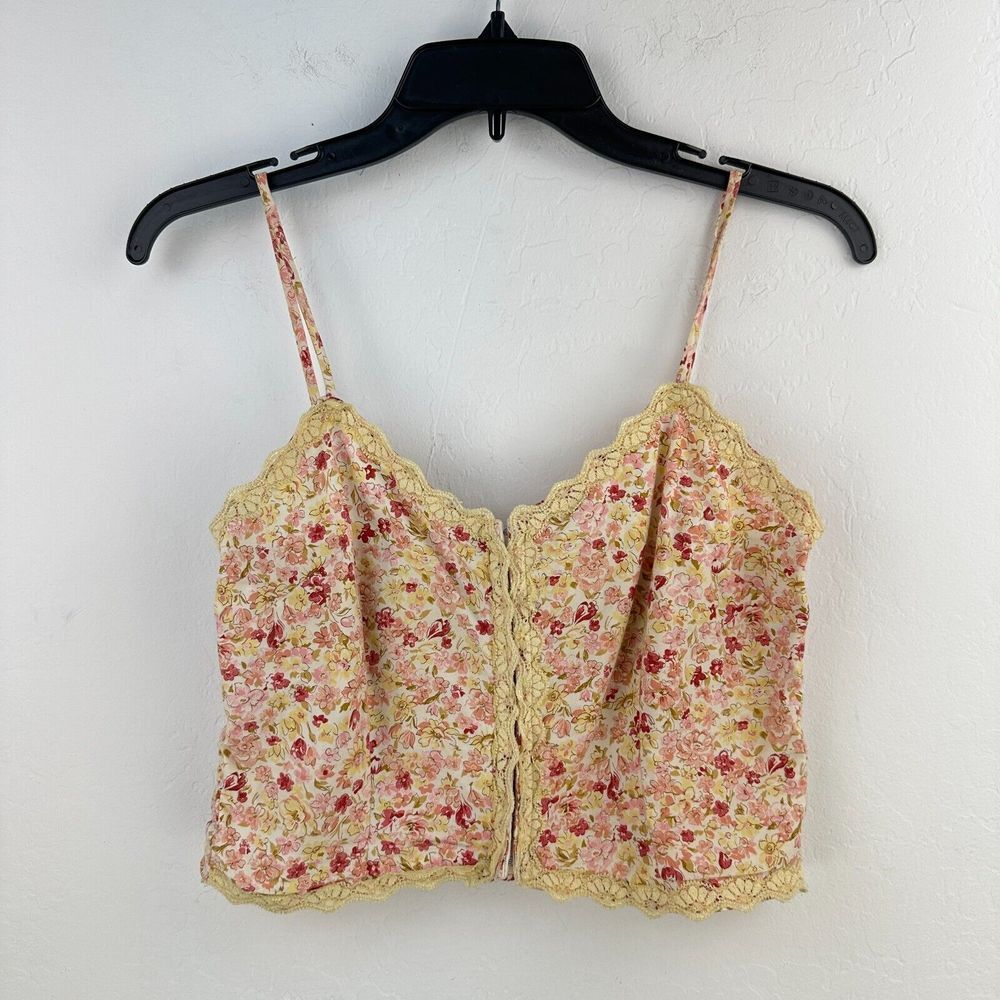 Vtg Anchor Blue Cami Top M Pink Orange Floral Hook Eye Front Smocked‎ Y2K Grunge